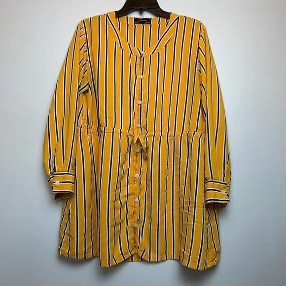 Backwoods Blouse Yellow Black white Button Down Striped Tie front long sleeve M - Picture 11 of 11